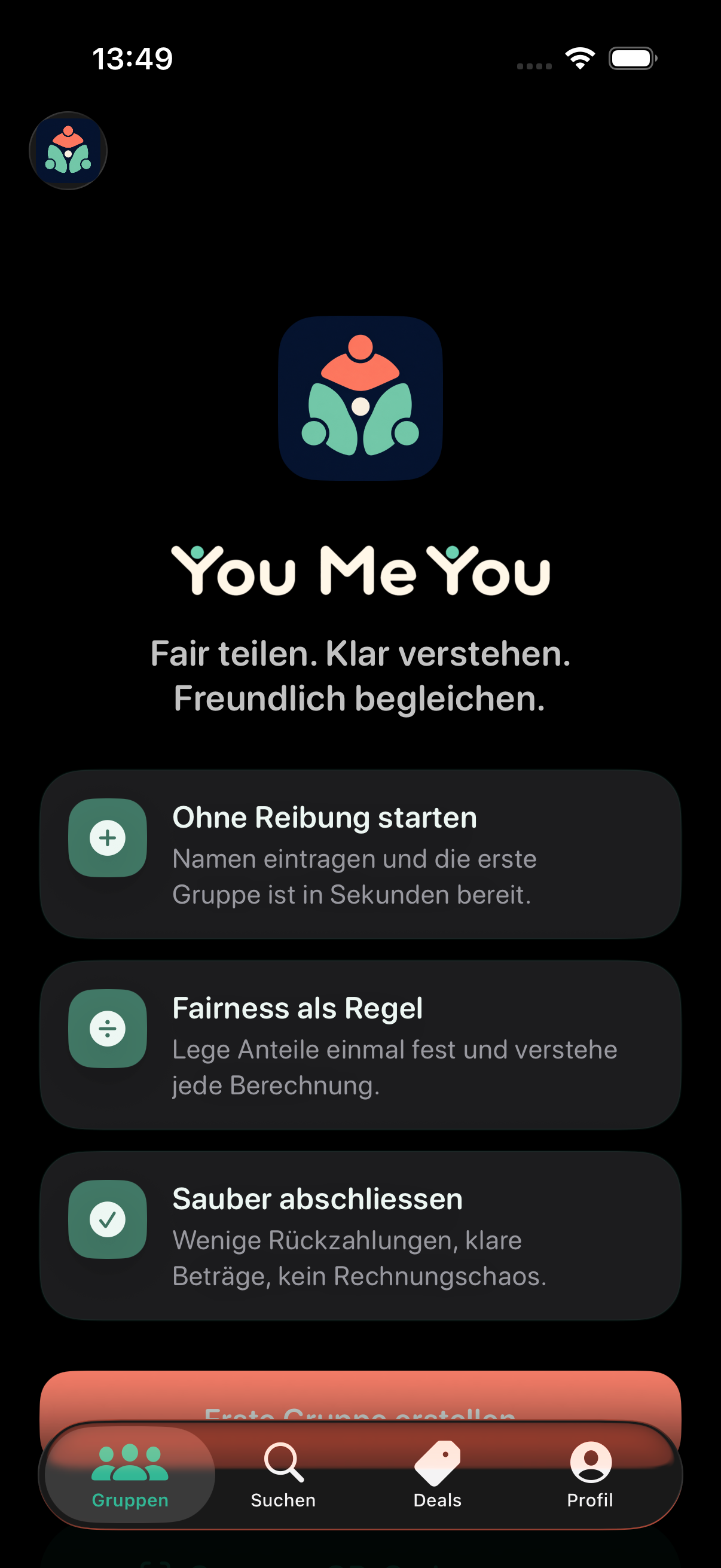 Willkommensbildschirm von You Me You mit drei Einführungskarten zu Gruppen, Fairness und Abrechnung.