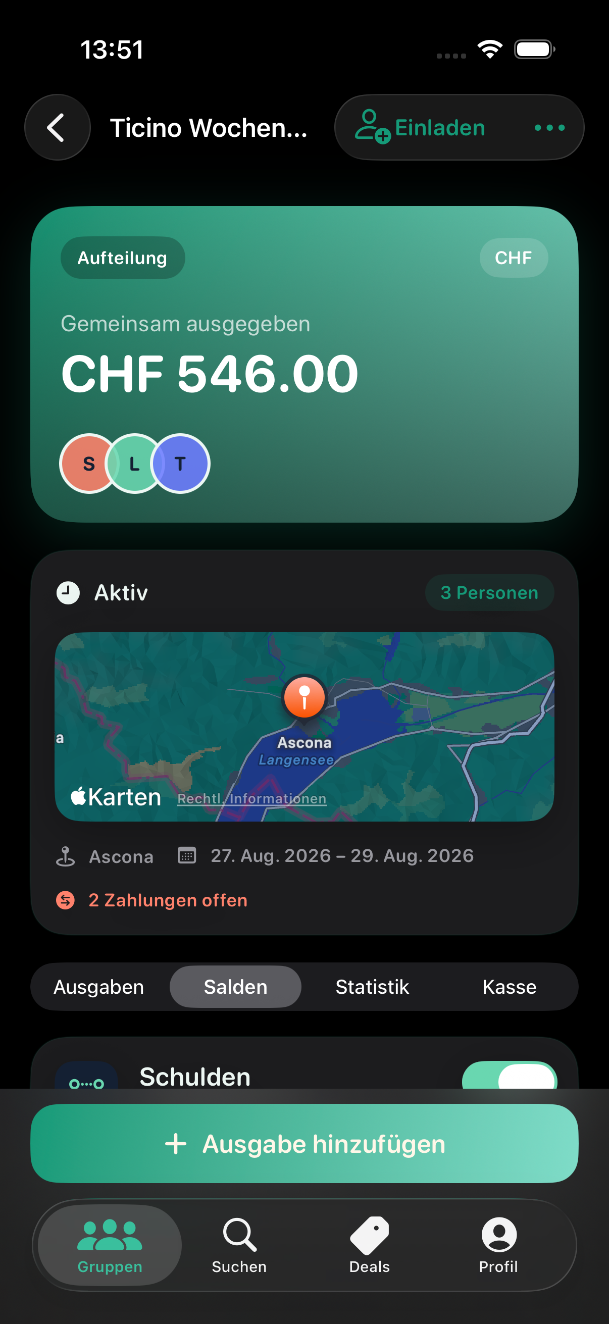 Gruppenseite mit ausgewähltem Register Salden und dem Bereich Schulden.