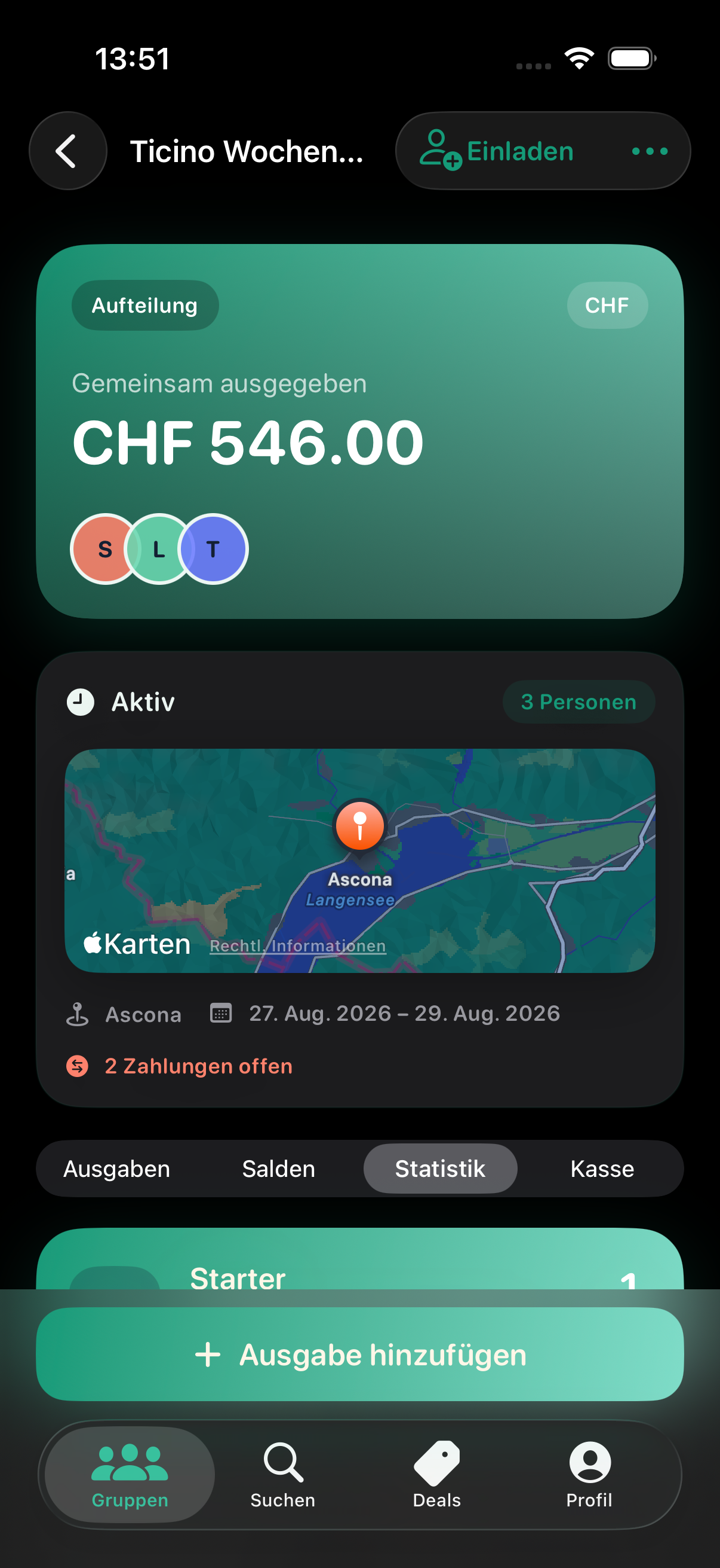 Gruppenseite mit ausgewähltem Register Statistik und Meilensteinkarte.
