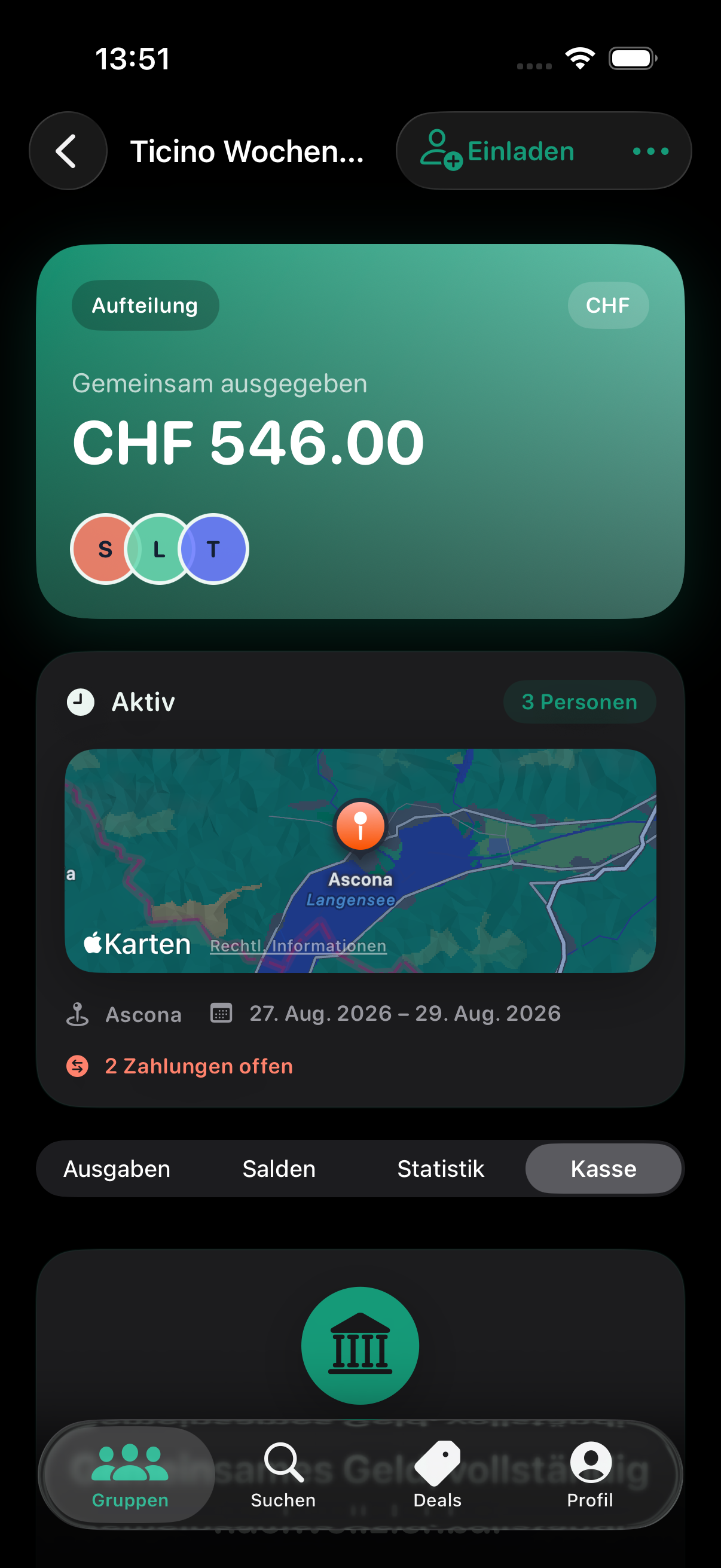 Gruppenseite mit ausgewähltem Register Kasse.