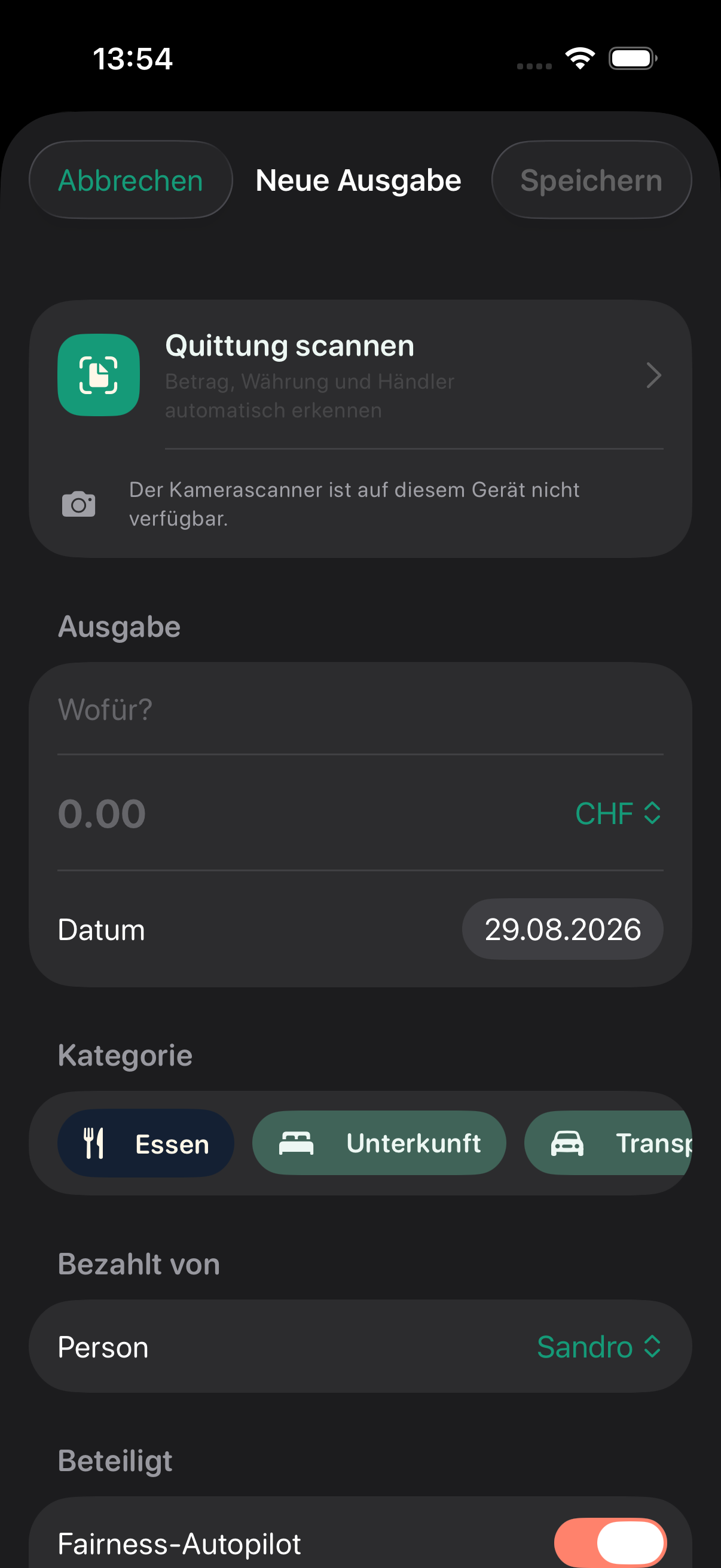 Formular für eine neue Ausgabe mit Währung, Datum, Kategorie, Zahlenden, Beteiligten und Fairness-Autopilot.