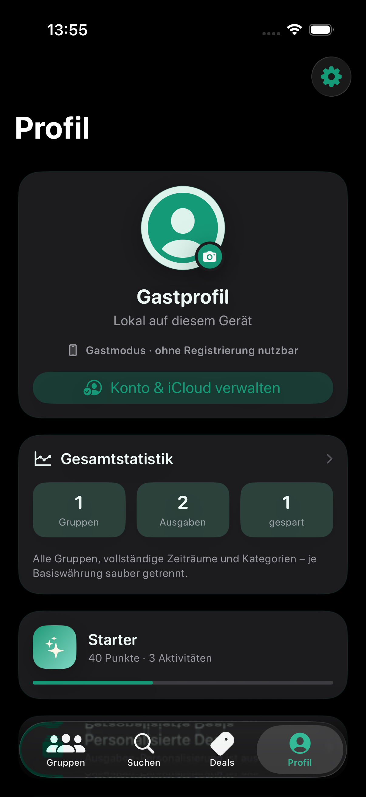 Profilseite mit Gastprofil, Konto und iCloud, Gesamtstatistik, Punkten und Stufe Starter.