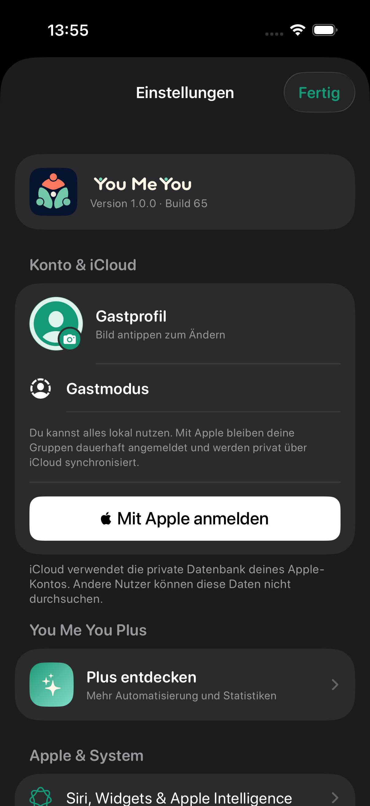 Einstellungen mit Gastprofil, Apple-Anmeldung, iCloud, Plus und Apple-Systemfunktionen.