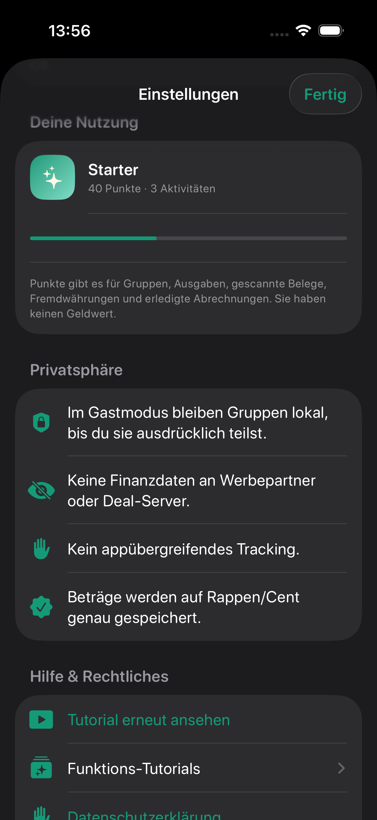 Einstellungen mit Punkten, Privatsphäre-Hinweisen, Tutorials und Datenschutzerklärung.