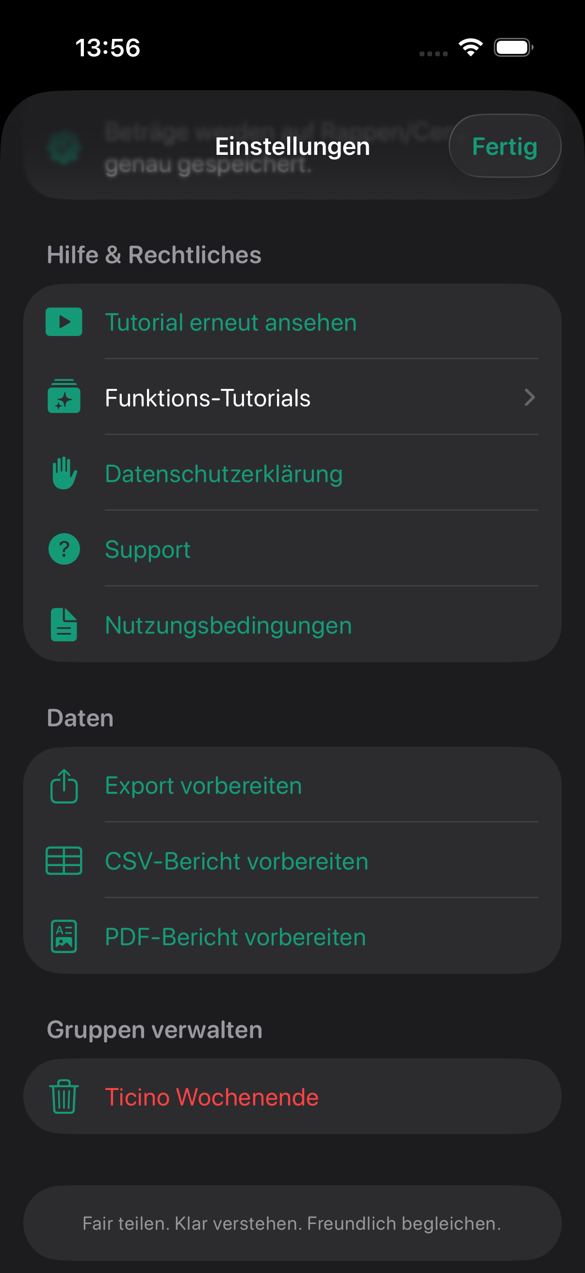 Einstellungen mit Support, Rechtlichem, Datenexporten und Gruppenverwaltung.