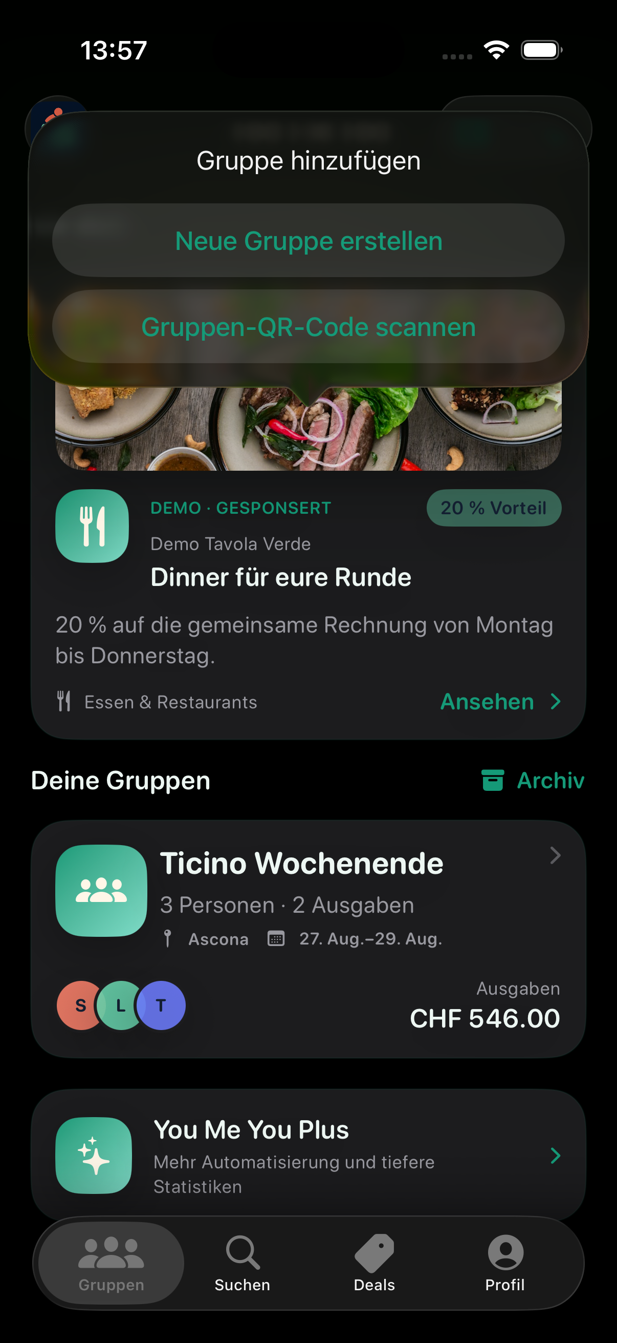 Auswahl zum Erstellen einer Gruppe oder Scannen eines Gruppen-QR-Codes.