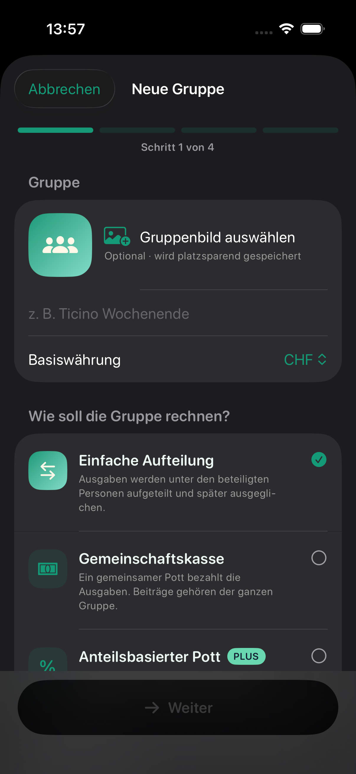 Erster Schritt mit Bild, Name, Basiswährung und drei Abrechnungsmodellen.
