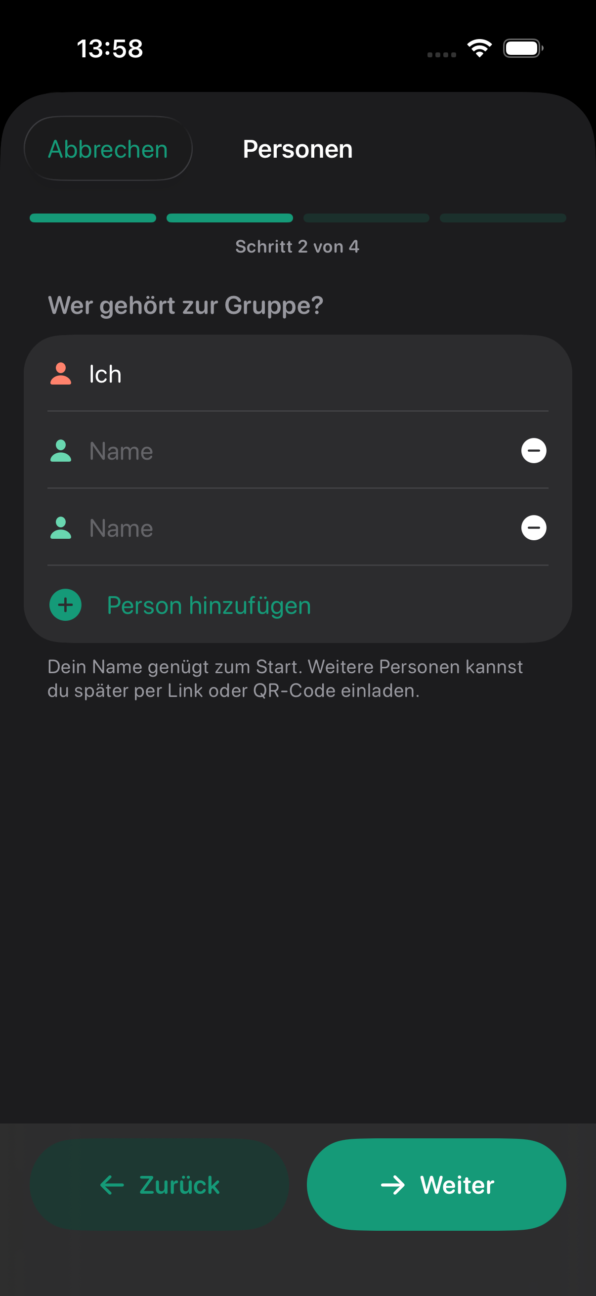 Zweiter Schritt mit eigener Person und weiteren Namensfeldern.