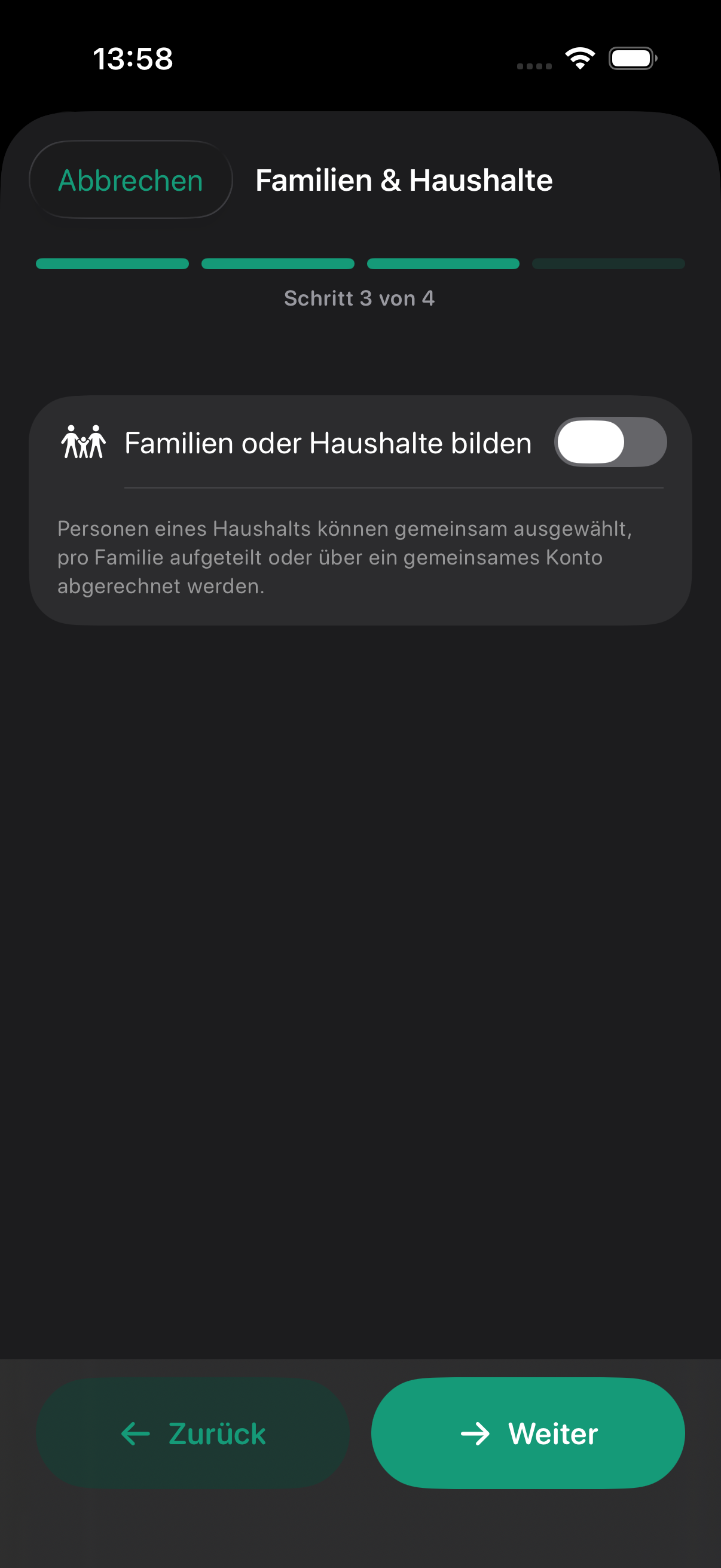 Dritter Schritt mit der Option Familien oder Haushalte zu bilden.