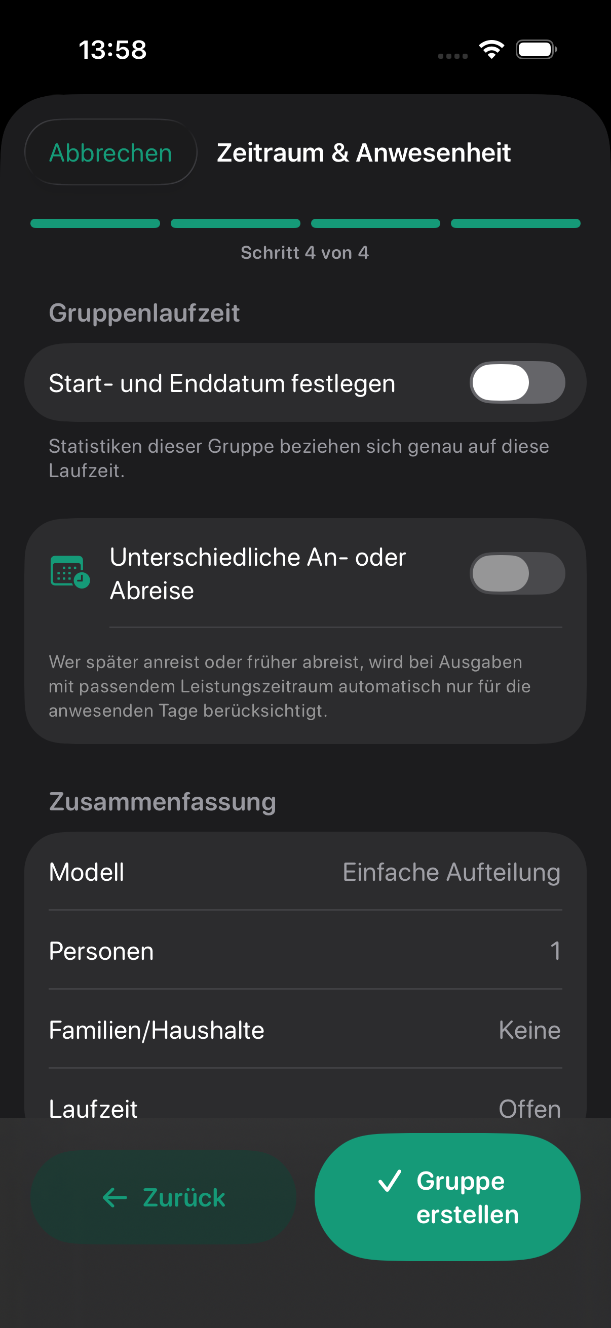 Vierter Schritt mit Zeitraum und unterschiedlichen Anwesenheiten.