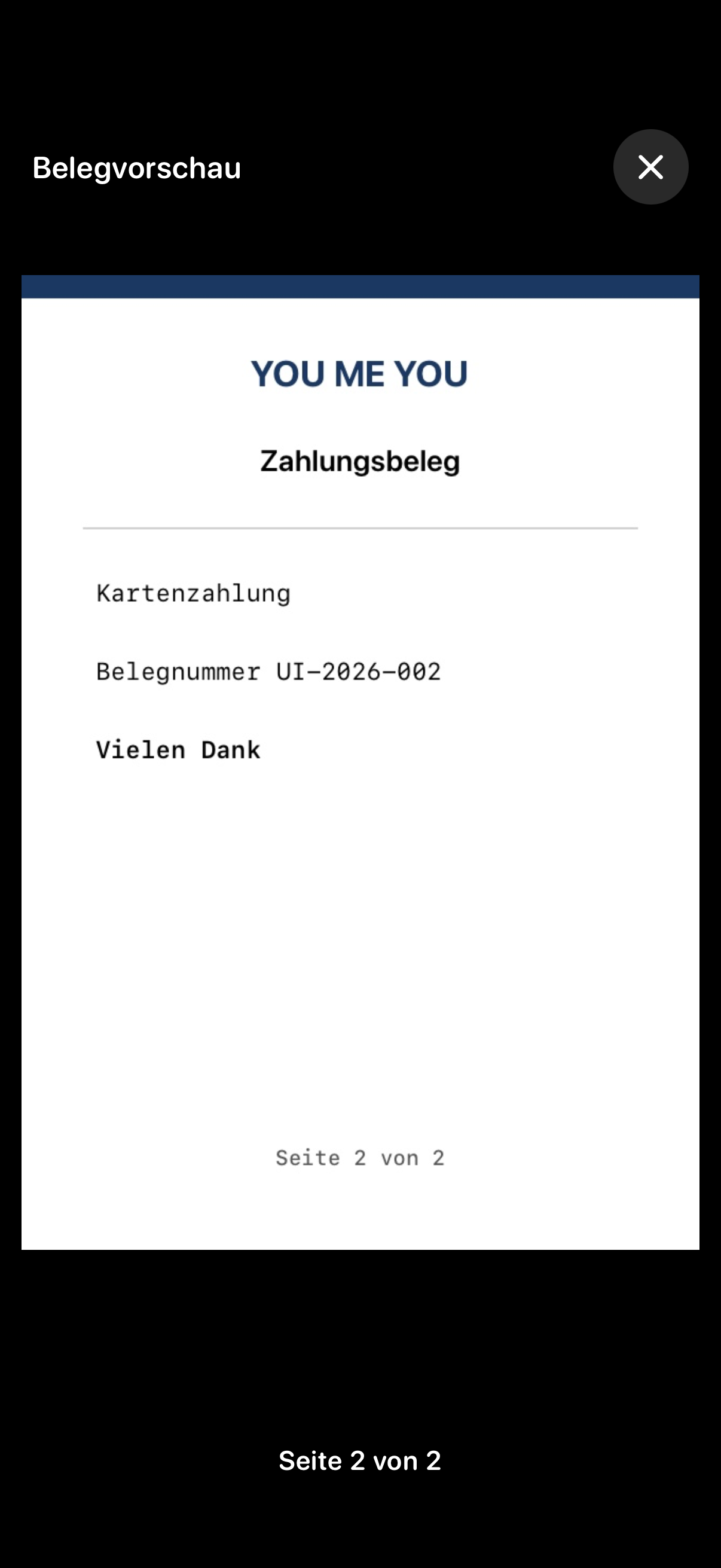 Vollbild-Belegvorschau mit ausgewählter zweiter Seite, Schliessen-Button X und Seitenanzeige «Seite 2 von 2».